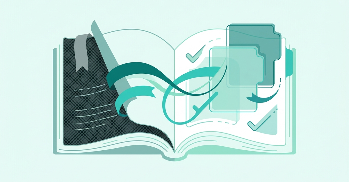 Abstract illustration of a commercial underwriting playbook with an updated 2026 regulatory chapter, examiner checklist, and teal annotation ribbons