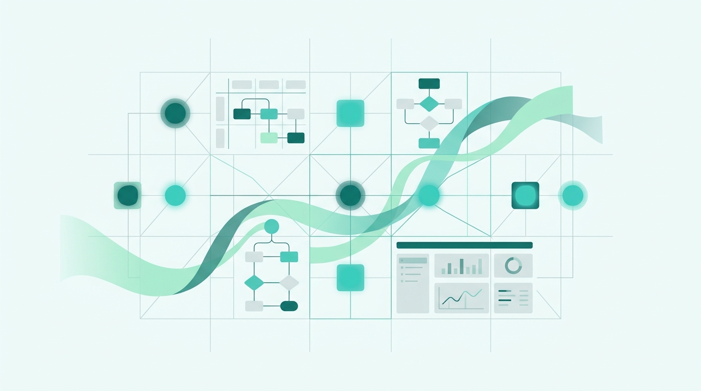 Architectural framework grid with teal validation checkpoints, clean minimal style
