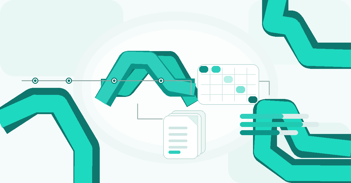 Abstract stage-gate roadmap with teal checkpoint markers, a scored evaluation grid, and flowing ribbon shapes
