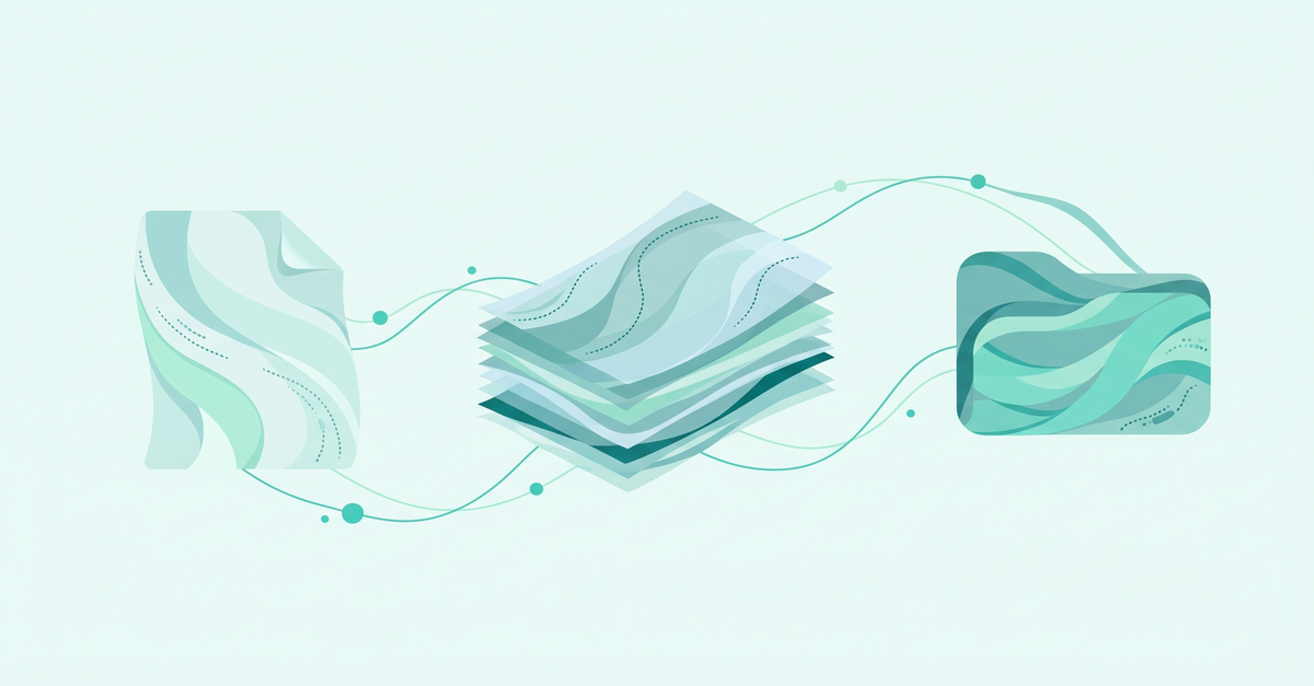 Abstract illustration of commercial lending documents and audit-trail flows connecting two underwriting architectures in teal