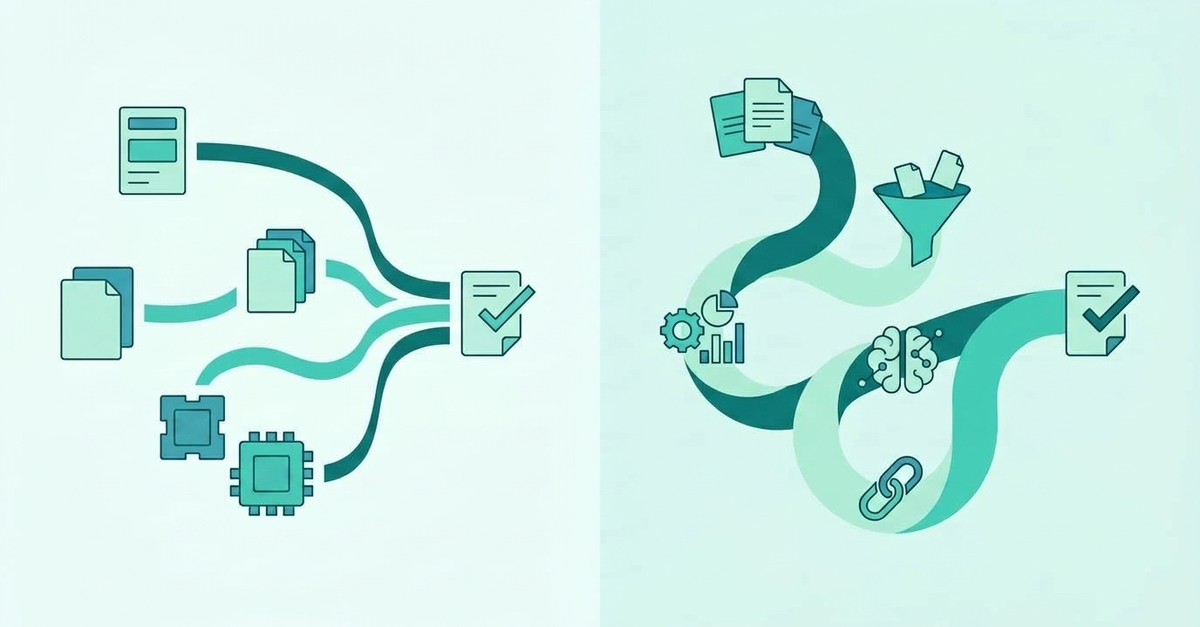 Abstract illustration of a modular document-processing stack beside an integrated underwriting workflow, with teal memo and audit-trail flows