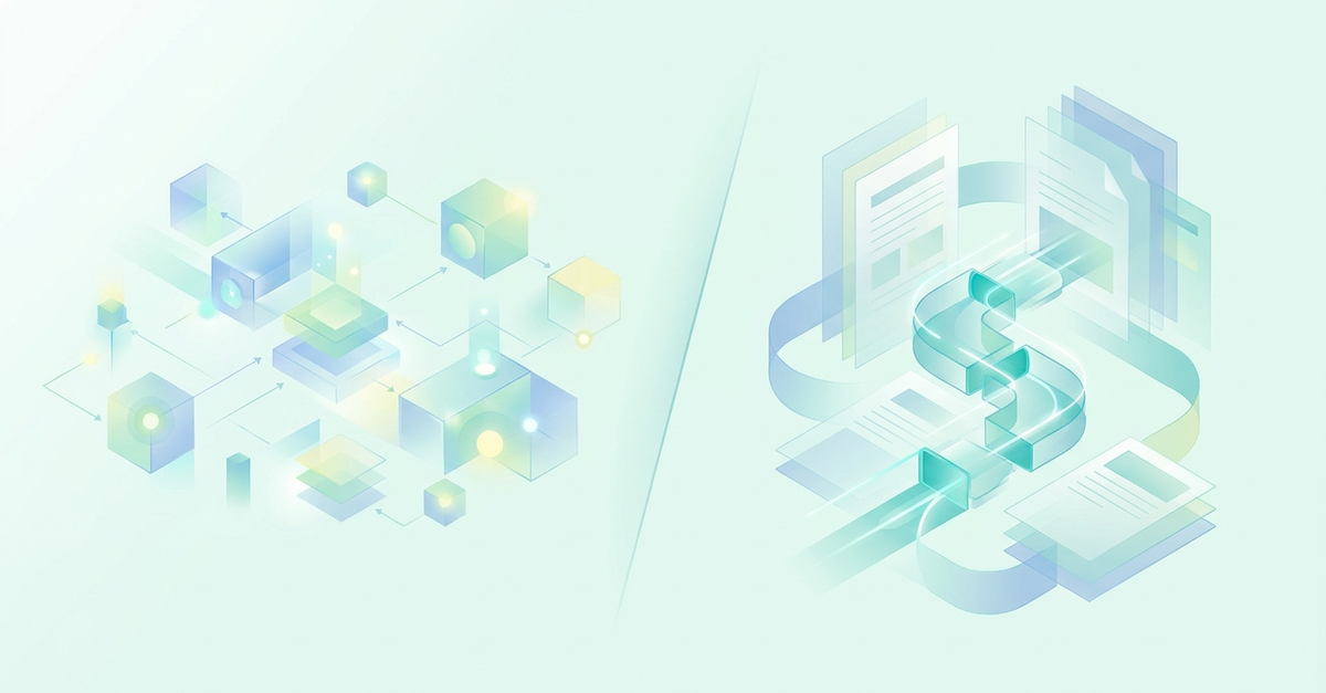 Abstract illustration of two lending stacks, one broad and global and one deep for US community-bank underwriting, with the underwriting-focused lane highlighted in teal