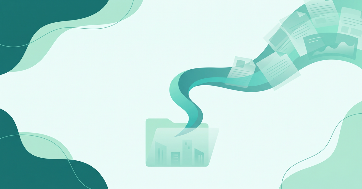 Abstract illustration of a commercial real estate lending file with policy guidance and deeper underwriting analysis flows in teal