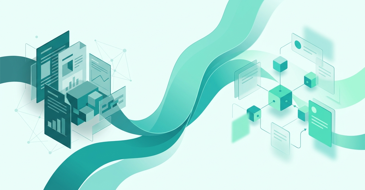 Abstract illustration of Baker Hill alternatives with teal ribbon layers, underwriting flows, and glass-panel data shapes