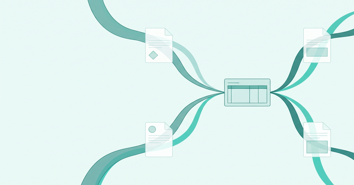 Abstract illustration of borrower and guarantor financial documents converging into a single global cash flow ledger with teal ribbon flows