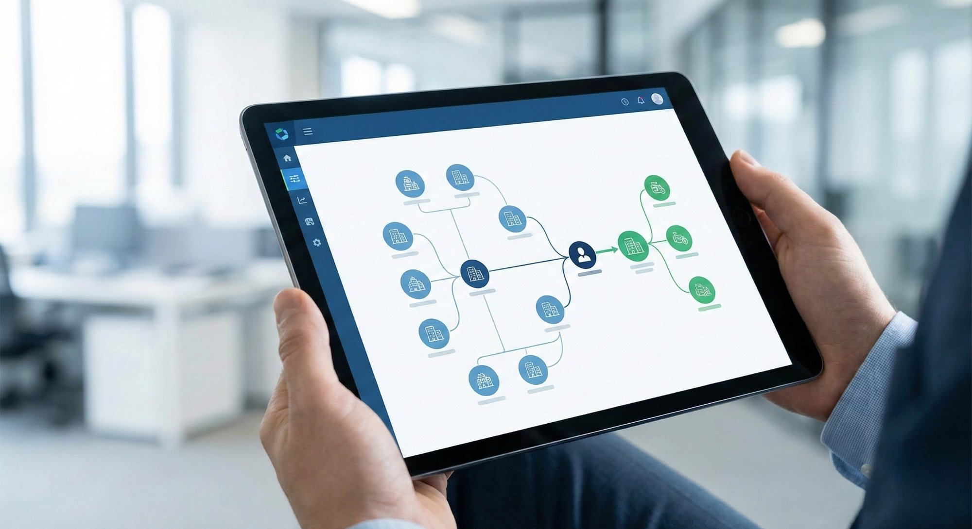 Tablet showing clean entity relationship diagram connecting companies to a borrower