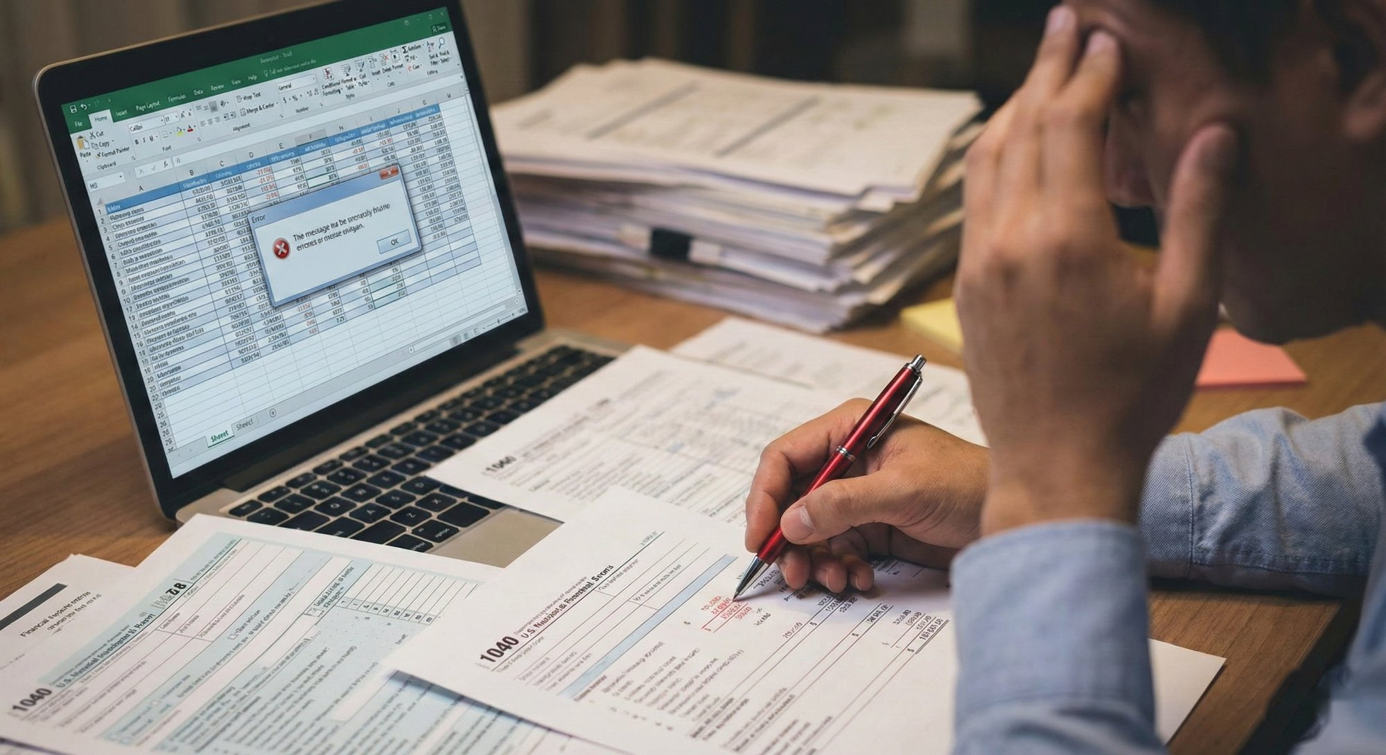 Underwriter frustrated at desk with spreadsheet errors and stacks of tax documents