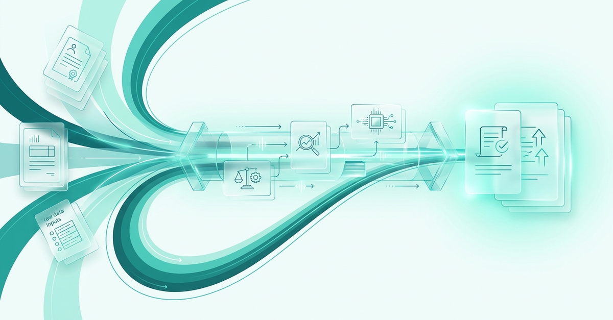 Abstract teal-on-mint illustration of C&I loan automation showing connected operating-company documents, financial spreads, and ribbon flows