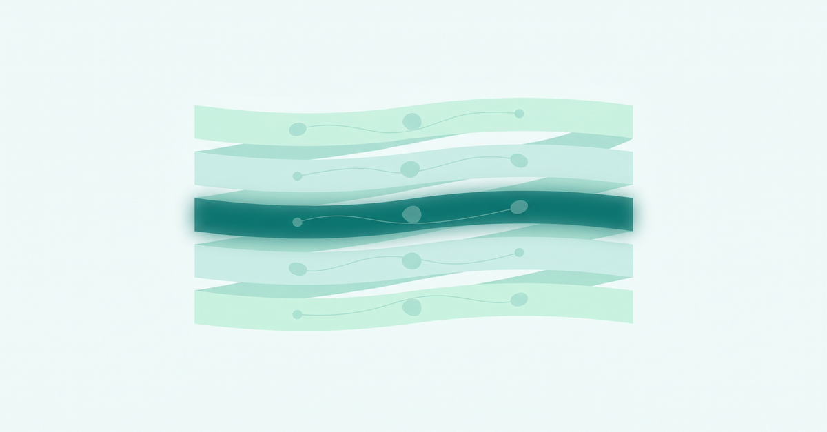 Abstract illustration of a layered commercial lending technology stack with a softly highlighted middle decisioning layer in teal