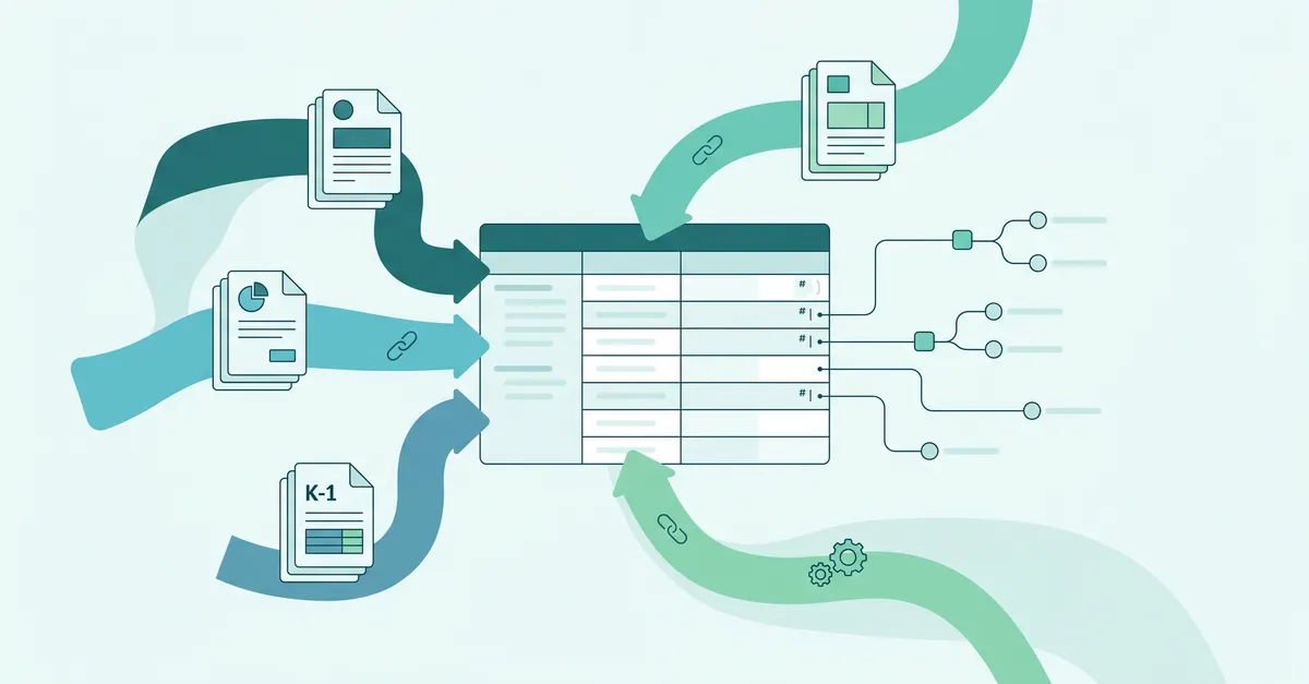 Abstract illustration of bank financial spreading workflow with documents flowing into a structured AI spread