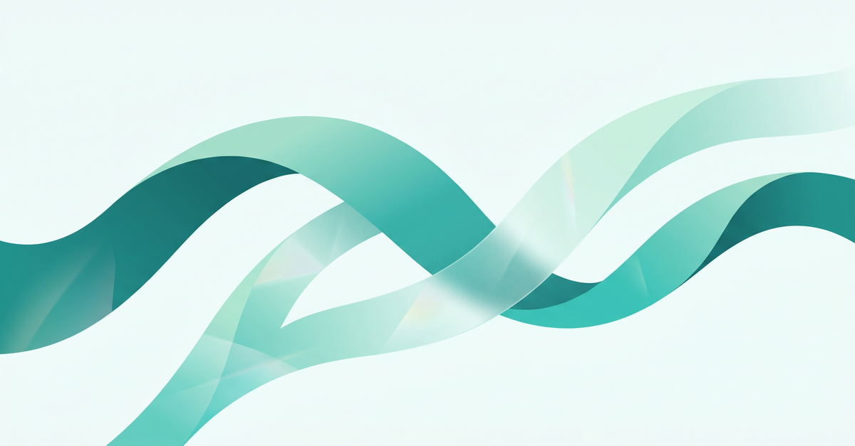 Abstract illustration of forward-moving underwriting technology currents in layered teal ribbons with open white space