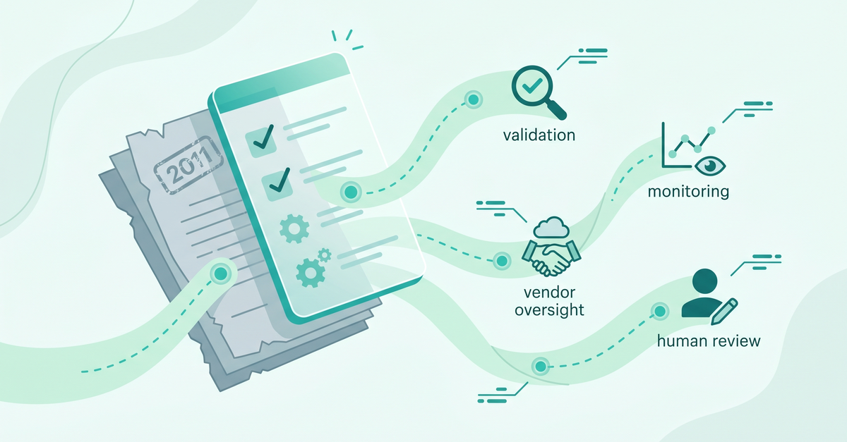 Abstract illustration of a retired 2011 guidance document replaced by a modern control framework with teal callouts for validation, monitoring, and vendor oversight