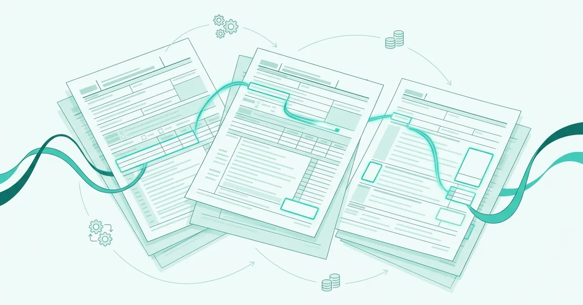 Abstract illustration of layered tax returns, linked entity paths, and teal document highlights for commercial lending analysis