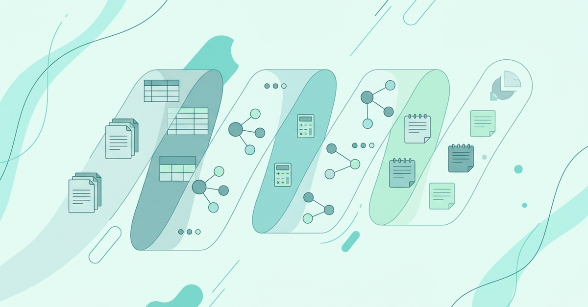 Abstract four-layer illustration showing document ingestion, structured extraction, cross-document reasoning, and memo drafting as stacked teal ribbons