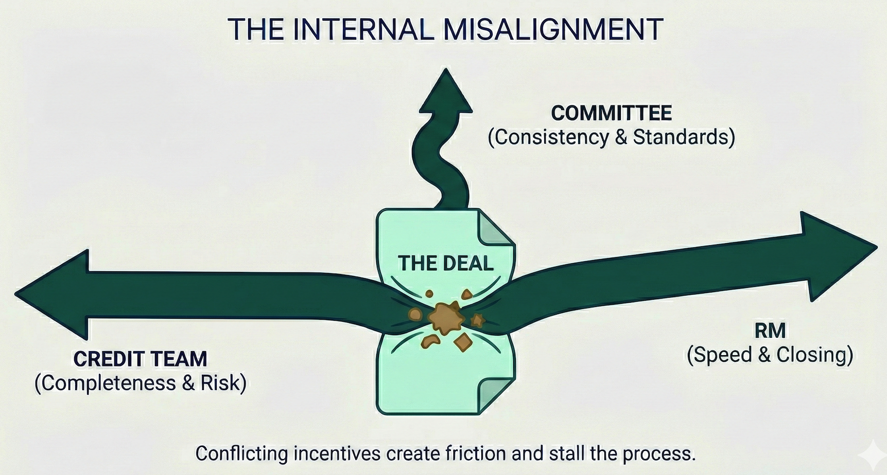 Internal misalignment between relationship managers, credit teams, and credit committees