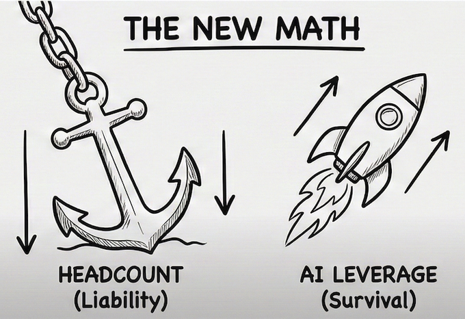 The New Math — headcount as a liability (anchor pulling down) vs AI leverage as survival (rocket launching up)