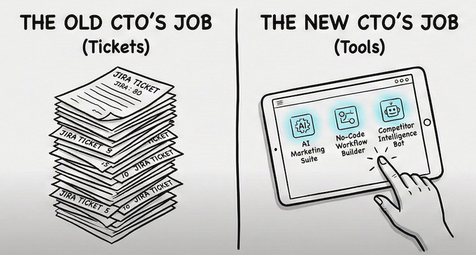 The Old CTO's Job (Tickets) — a stack of Jira tickets vs The New CTO's Job (Tools) — a tablet with AI Marketing Suite, No-Code Workflow Builder, and Competitor Intelligence Bot