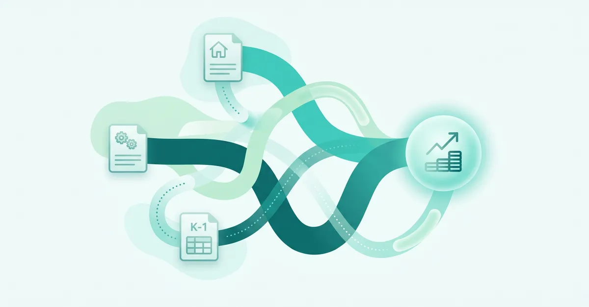 Abstract illustration of multi-entity global cash flow analysis with connected documents, ownership paths, and teal ribbon flows