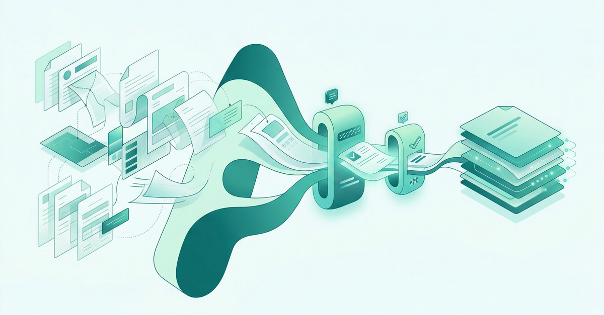 Abstract illustration of SBA loan files moving through underwriting review into an organized lending package